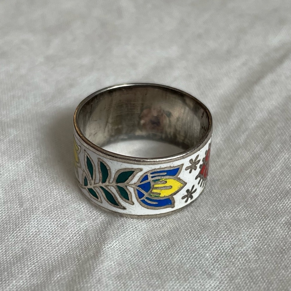 Vintage Sterling Silver Siam enamel band ring